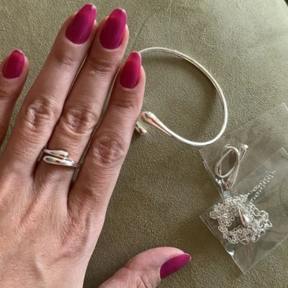 .925 stamped plated teardrop necklace bracelet earrings adjustable ring set - Picture 2 of 9